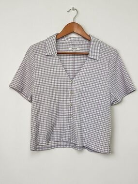 Madewell Jandra Button Down Crinkle Form Fit Crop Gingham Lavender/White size XL